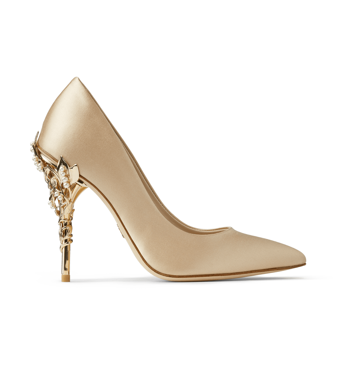 Gold Satin Eden Heels with Pearl and Gold Leaves